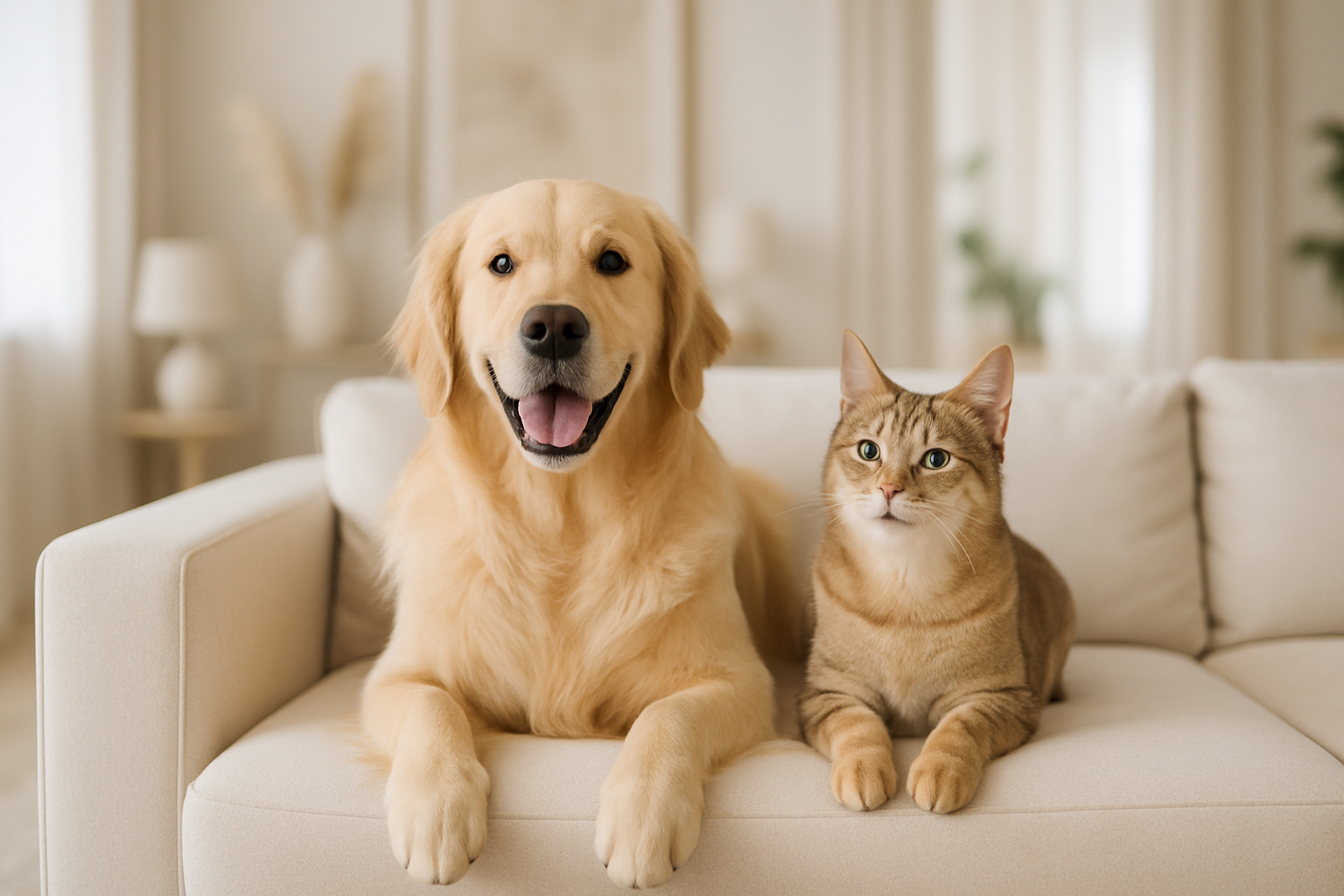 Chien et chat bien toiletté sur canapé très heureux et relax, intérieur moderne, ambiance lumineuse, style premium, fond flou, couleurs neutres.