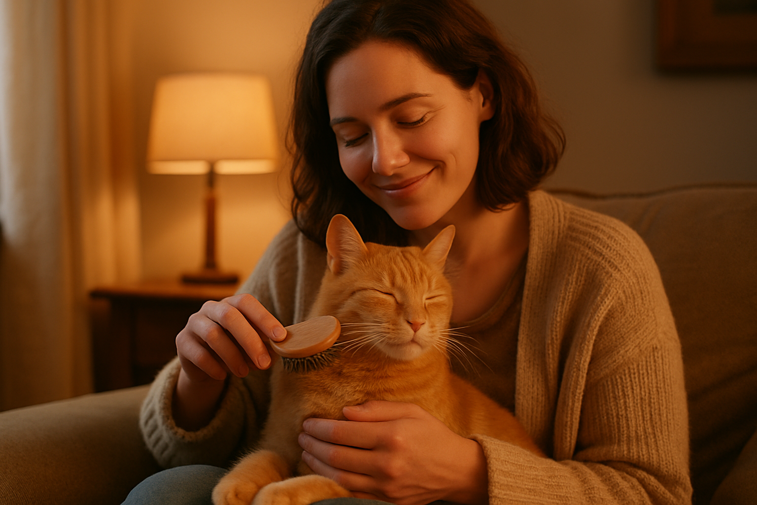 Moment complice maître/animal

Un maître qui brosse ou câline son animal, ambiance chaleureuse, sourire, intérieur cosy.